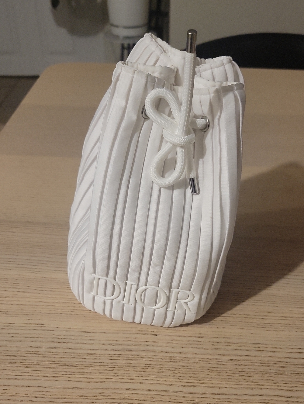 Dior White Pleated Drawstring Mini Bucket Bag